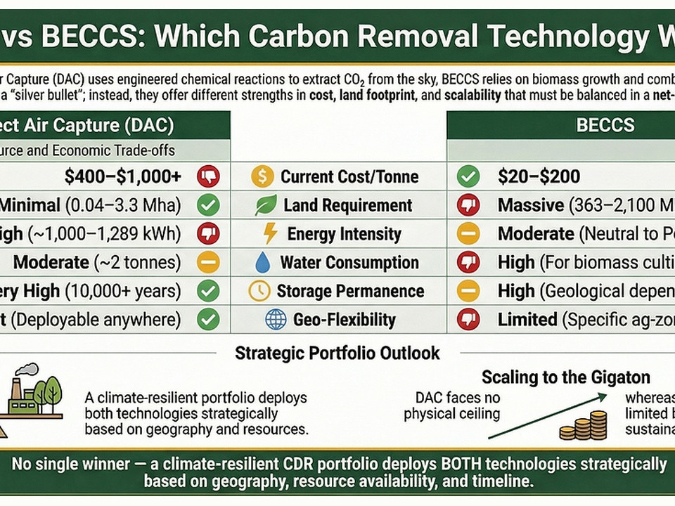 DAC vs BECCS comparison infographic: costs, land, energy, water, storage, and scalability; notes on portfolio strategy and scaling.