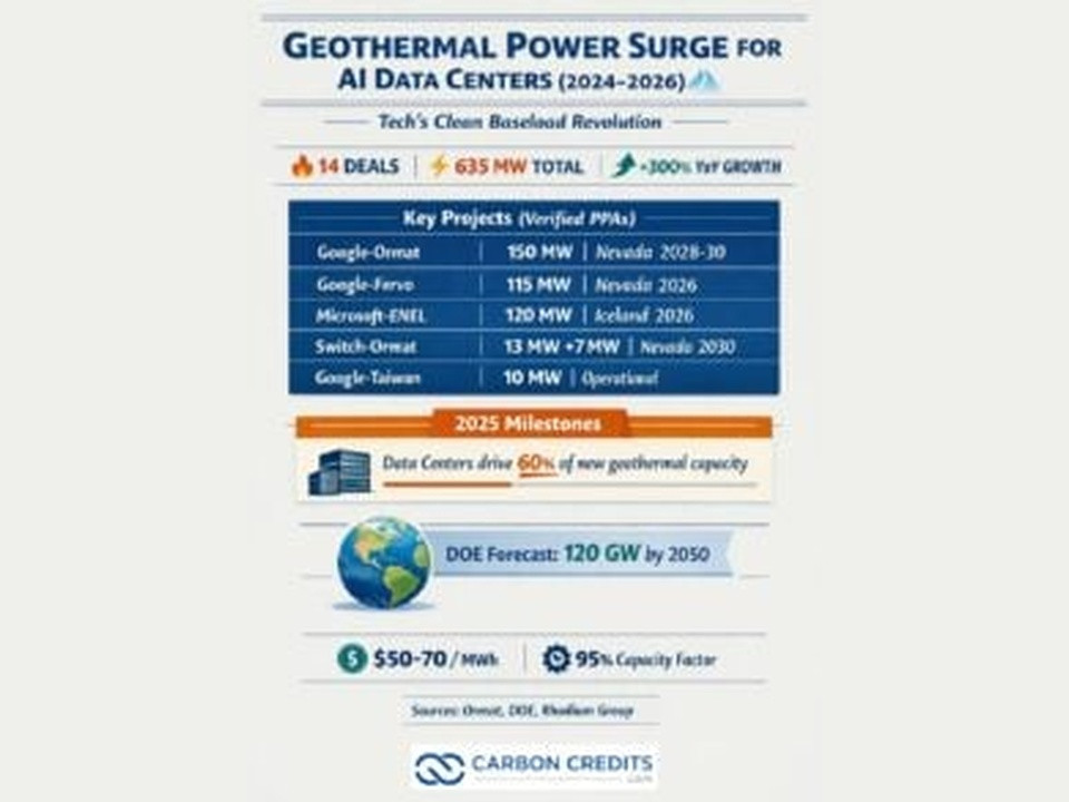 Infographic title: Geothermal Power Surge for AI Data Centers (2024–2026); highlights include deals, total MW, and growth projections.