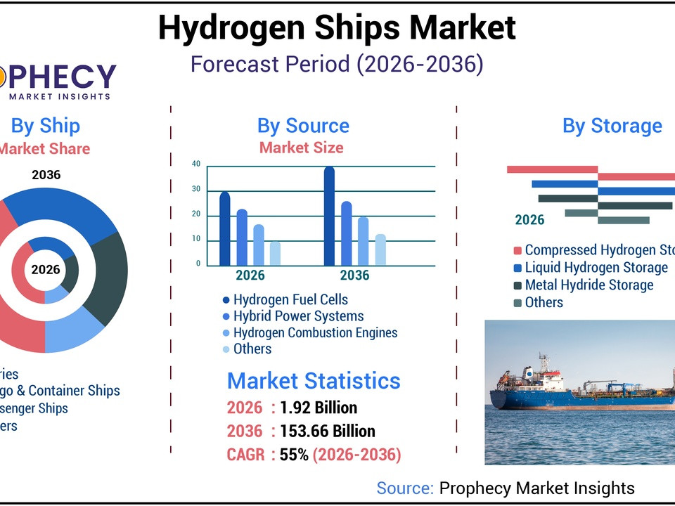 Infographic titled Hydrogen Ships Market Forecast (2026-2036) showing market share by ship type, market size by source, and storage trends, with a cargo ship photo.