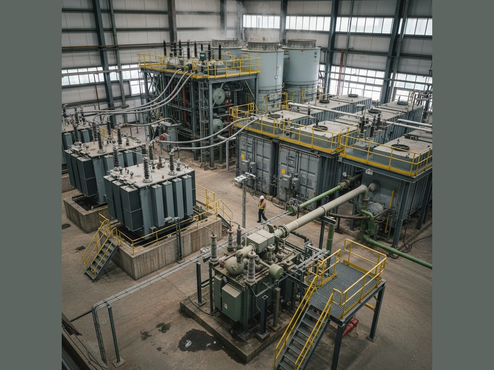 Industrial power facility interior with large transformers, piping, and yellow railings; a worker in a safety vest stands nearby for scale.