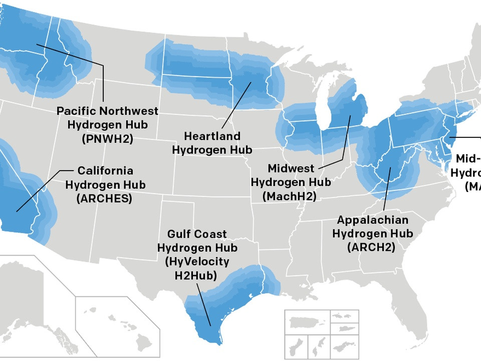 Map of the United States highlighting seven regional hydrogen hubs in blue gradients: PNWH2, ARCHES, Heartland, MachH2, HyVelocity H2Hub, MACH2, ARCH2 (Appalachian). Insets for Alaska and Hawaii shown.