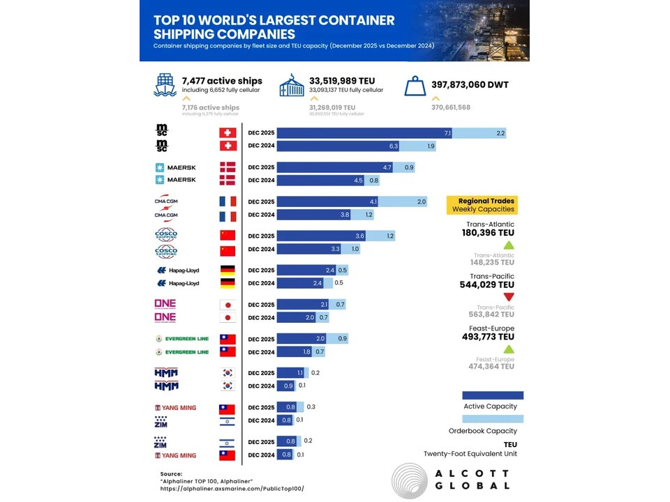 Infographic showing the top 10 container shipping companies with logos, country flags, and horizontal capacity bars.