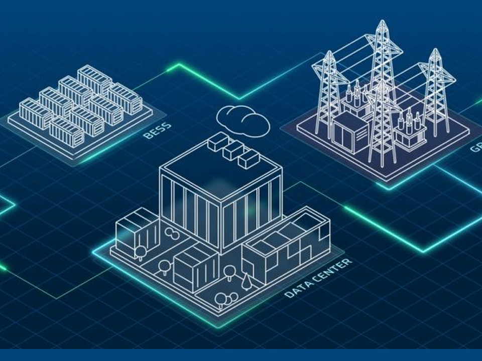 Isometric diagram showing a data center connected to a battery energy storage system, a cloud, and a power grid via glowing lines.