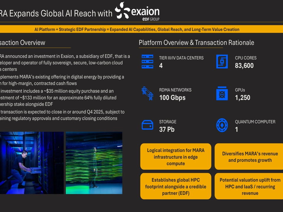Infographic about MARA's expansion with exaion, listing investment bullets, platform metrics, and four orange strategic boxes.