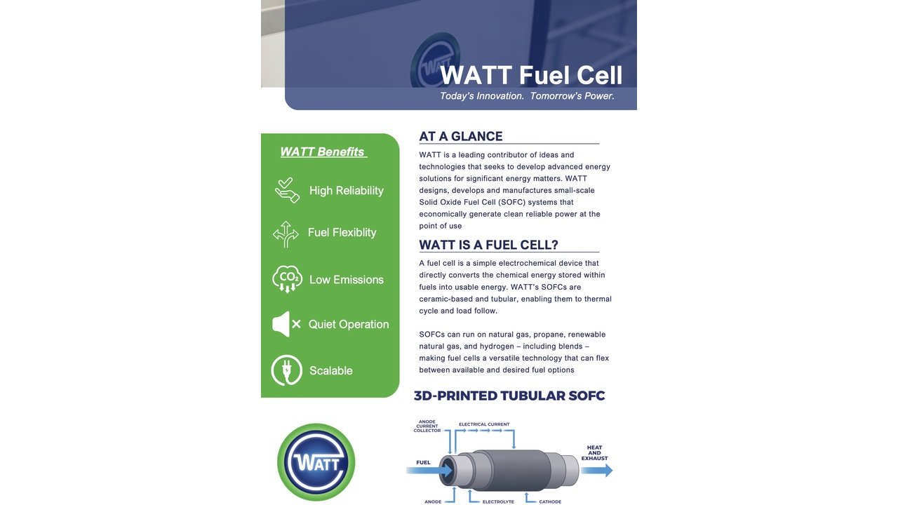 WATT Fuel Cell infographic with a green benefits panel on the left and explanatory text on the right, plus a tubular SOFC diagram and logo at the bottom.