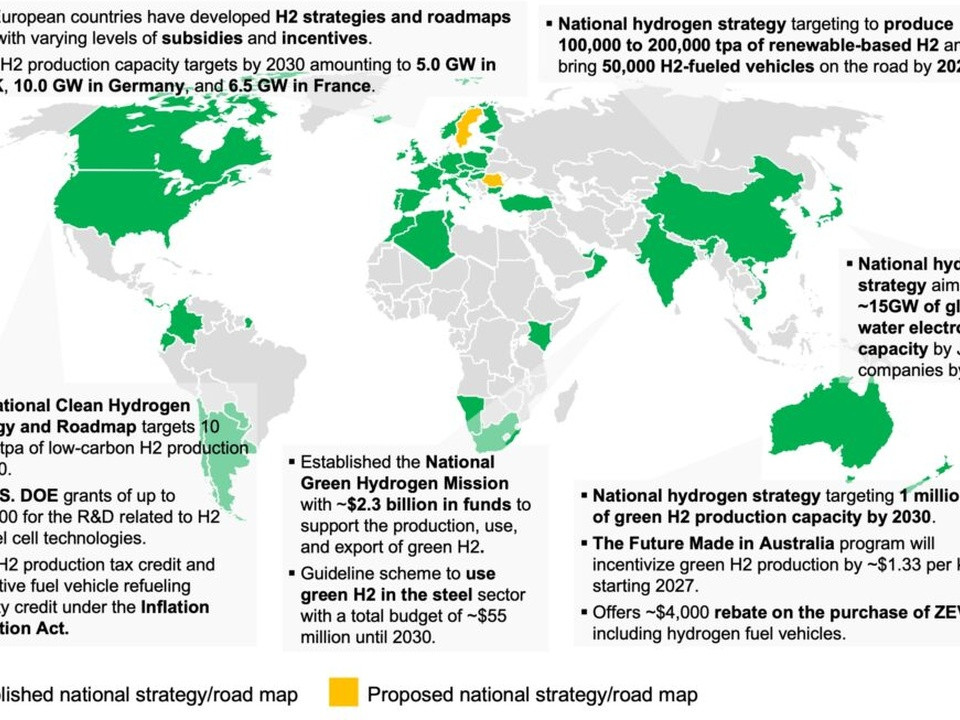 World map highlighting published (green) and proposed (yellow) national hydrogen strategies with accompanying bullet notes around the edges.