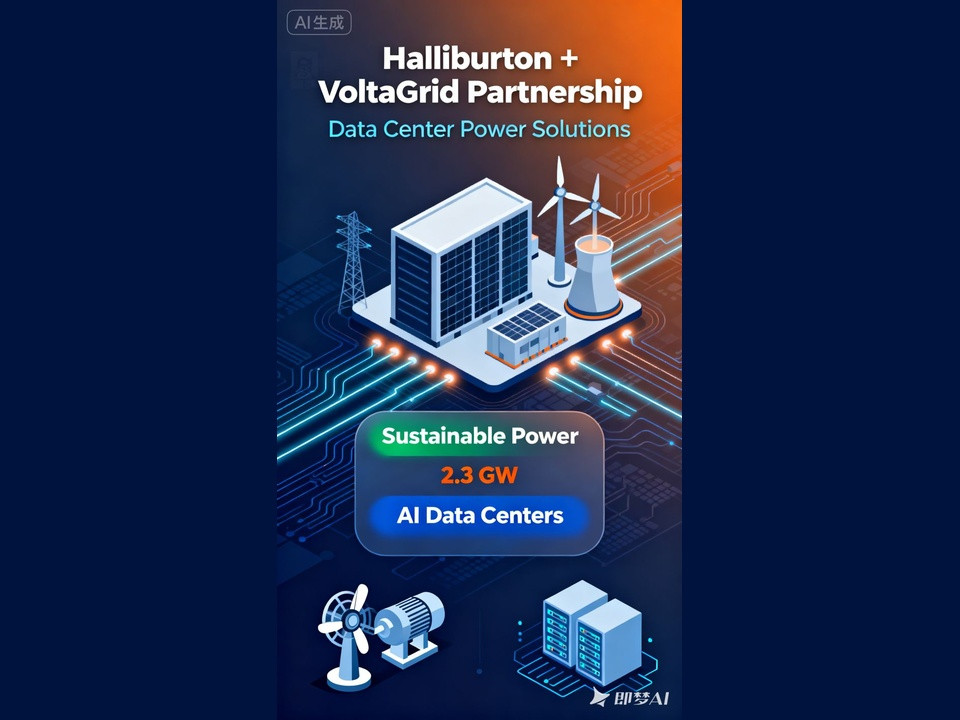 Promotional poster for Halliburton and VoltaGrid partnership highlighting sustainable AI data centers with a 2.3 GW capacity.