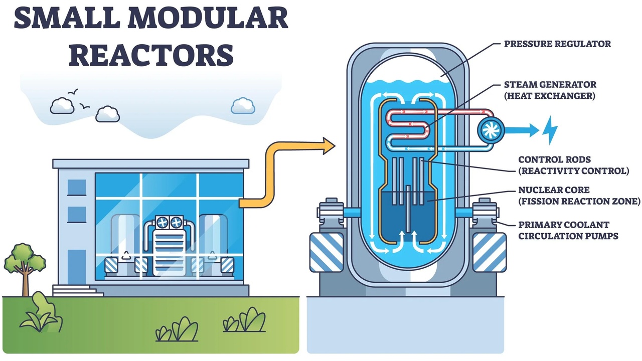 Diagram of a small modular reactor system: a building connected to a labeled cross-section of the reactor with core, control rods, and pumps (informational)