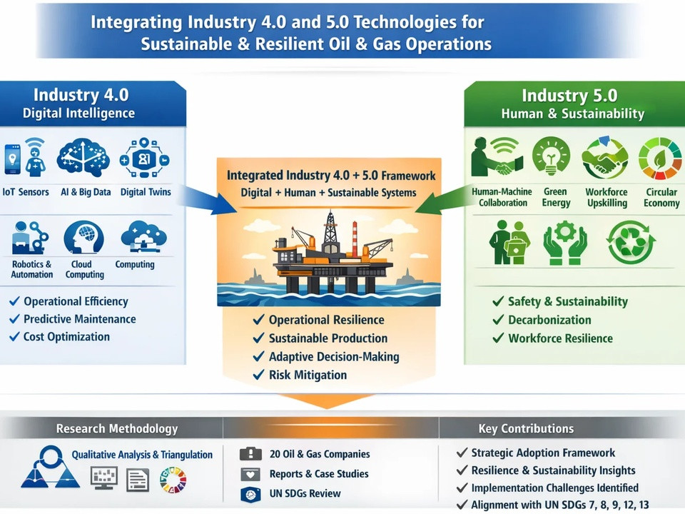 Infographic showing integration of Industry 4.0 and 5.0 for sustainable oil and gas operations, with Digital Intelligence on the left, Human & Sustainability on the right, and an offshore platform in the center.