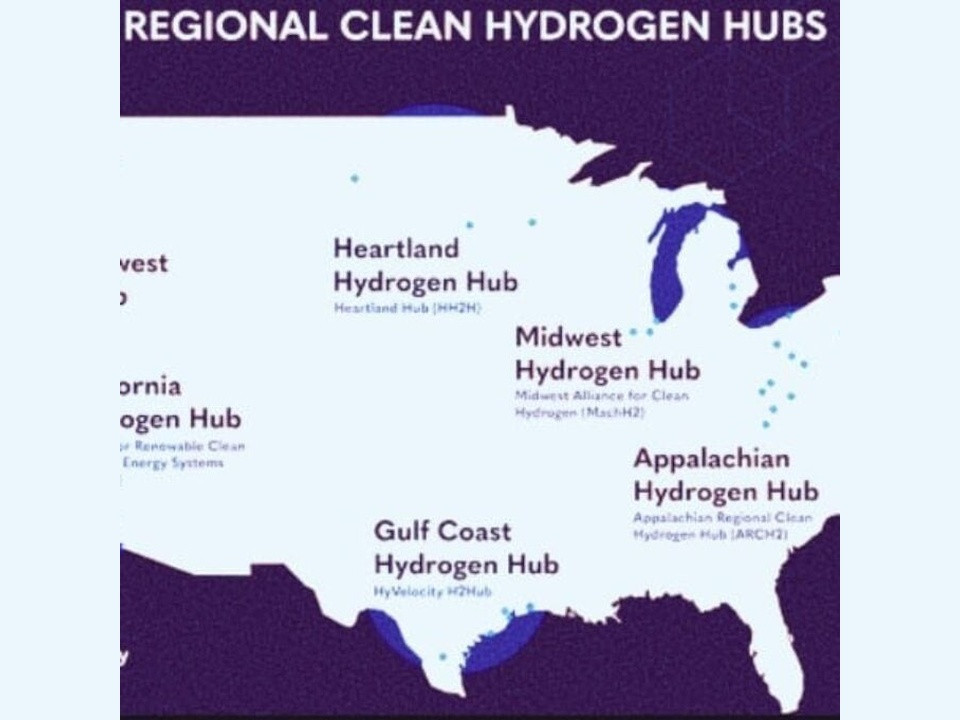 Map of the United States highlighting Regional Clean Hydrogen Hubs: Heartland, Midwest, Appalachian, and Gulf Coast sites