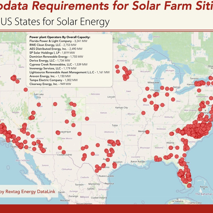 US map with red dots marking solar power plant locations; title 'Geodata Requirements for Solar Farm Siting'