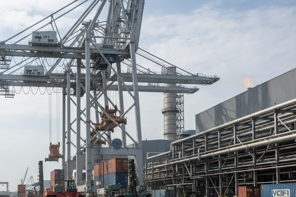 Port with tall container cranes over stacked shipping containers and forklifts on a concrete yard.