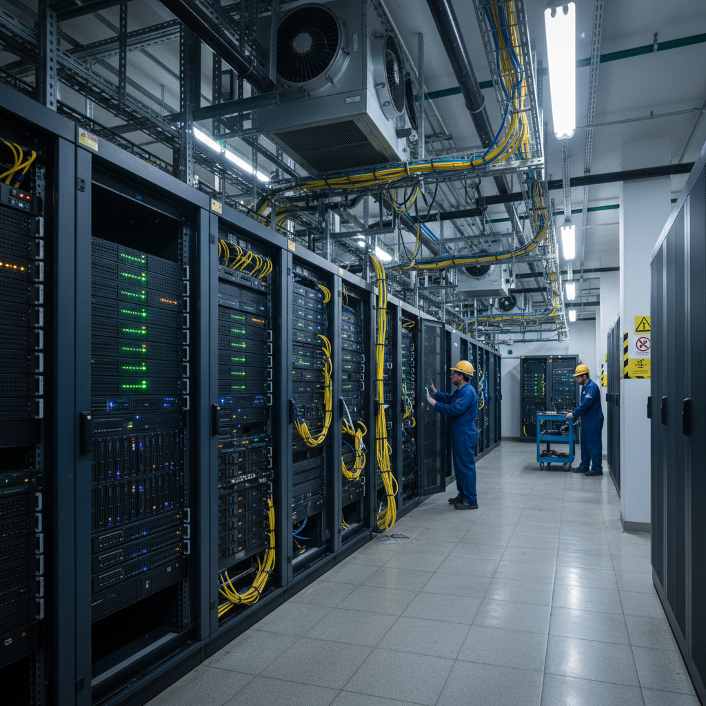 Data center row of server racks with illuminated status lights and yellow network cables; two technicians in blue coveralls and hard hats inspect equipment.
