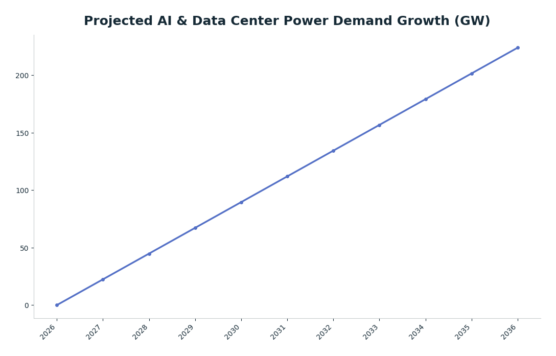 Line chart: Projected AI & Data Center Power Demand Growth (GW) — series: Cumulative Power Demand Increase (GW)