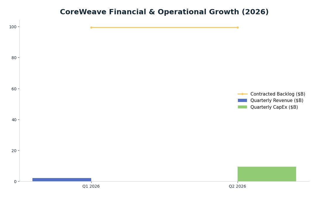 Bar chart: CoreWeave Financial & Operational Growth (2026) — series: Quarterly Revenue ($B), Quarterly CapEx ($B), Contracted Backlog ($B)