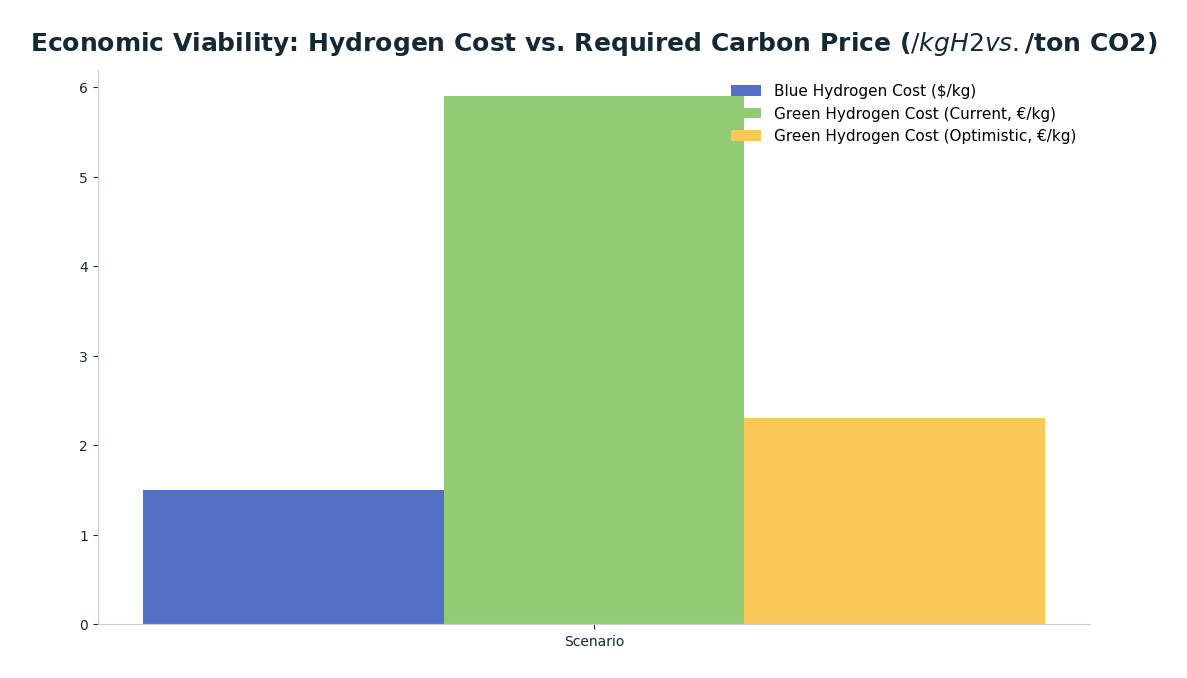 Bar chart: Economic Viability: Hydrogen Cost vs. Required Carbon Price ($/kg H2 vs. $/ton CO2) — series: Blue Hydrogen Cost ($/kg), Green Hydrogen Cost (Current, €/kg), Green Hydrogen Cost (Optimistic, €/kg)