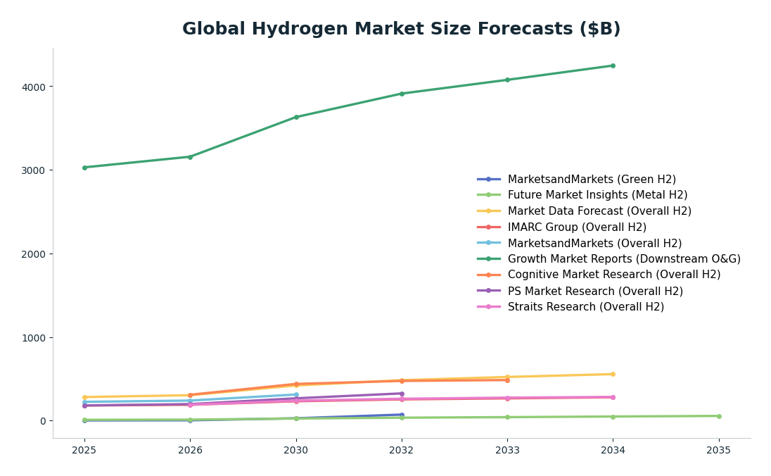 Line chart: Global Hydrogen Market Size Forecasts ($B) — series: MarketsandMarkets (Green H2), Future Market Insights (Metal H2), Market Data Forecast (Overall H2), IMARC Group (Overall H2), MarketsandMarkets (Overall H2), Growth Market Rep
